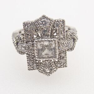 Vintage Inspired 925 Sterling Silver CZ Cocktail Ring Art Deco Style Size 6